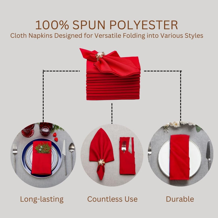 Gala Houseware Spun Polyester Dinner Napkins 18 x 18 inch - Red 12 Pack Solid Washable Cloth Napkins - Ideal for Events, Wedding, Party, Commercial and Home Use.