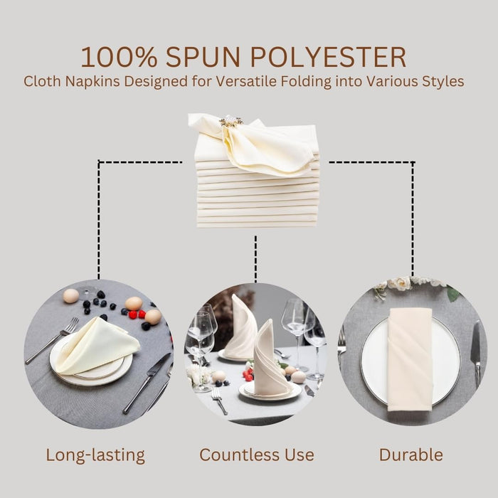 Gala Houseware Spun Polyester Dinner Napkins 18 x 18 inch - Ivory 12 Pack Solid Washable Cloth Napkins - Ideal for Events, Wedding, Party, Commercial and Home Use.