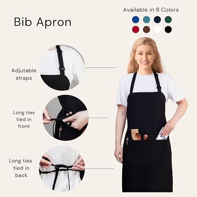 Gala Houseware Kitchen Bib Apron - Black, Chef Apron with Long Tie, for Adult Men and Women,