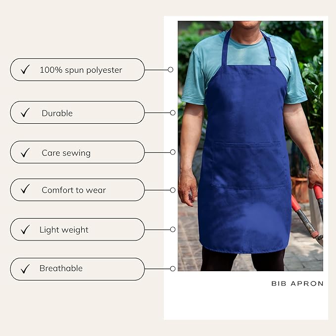 Gala Houseware Kitchen Bib Apron - Royal Blue, Chef Apron with Long Tie, for Adult Men and Women,