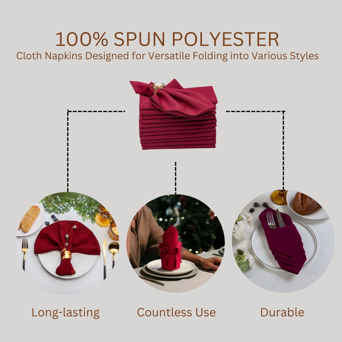 Gala Houseware Spun Polyester Dinner Napkins 18 x 18 inch - Burgundy 12 Pack Solid Washable Cloth Napkins - Ideal for Events, Wedding, Party, Commercial and Home Use.