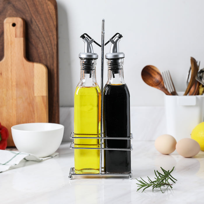 Gala Houseware Oil Dispenser and Vinegar Dispenser Set with Chrome Plated Rack Stand, 2 Piece Olive Oil Dispenser Bottles, Pack of 12 sets, Soy Sauce Dispenser Glass Bottles with Drip-Free Pourers