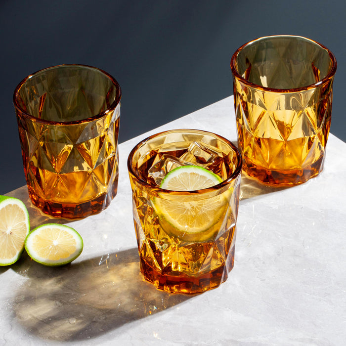 Gala Houseware Diamond Etched Glass Tumblers, Set of 6 with 9oz Volume,Amber, Lead Free and Dishwasher Safe, Perfect for Everyday Use, Dinner Parties, and Décor