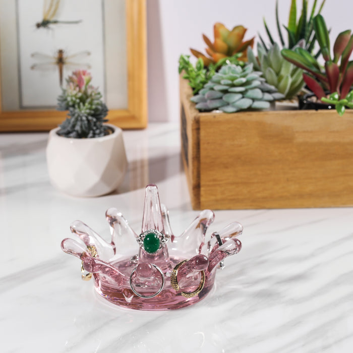 Gala Houseware Solid Colored Glass Jewelry Organizer, 2.6” x 4.3”, Green and Pink set of 2, Crown Design with Storage Hooks and Dish, Perfect for your Vanity, Bedroom, Bathroom, and Kitchen