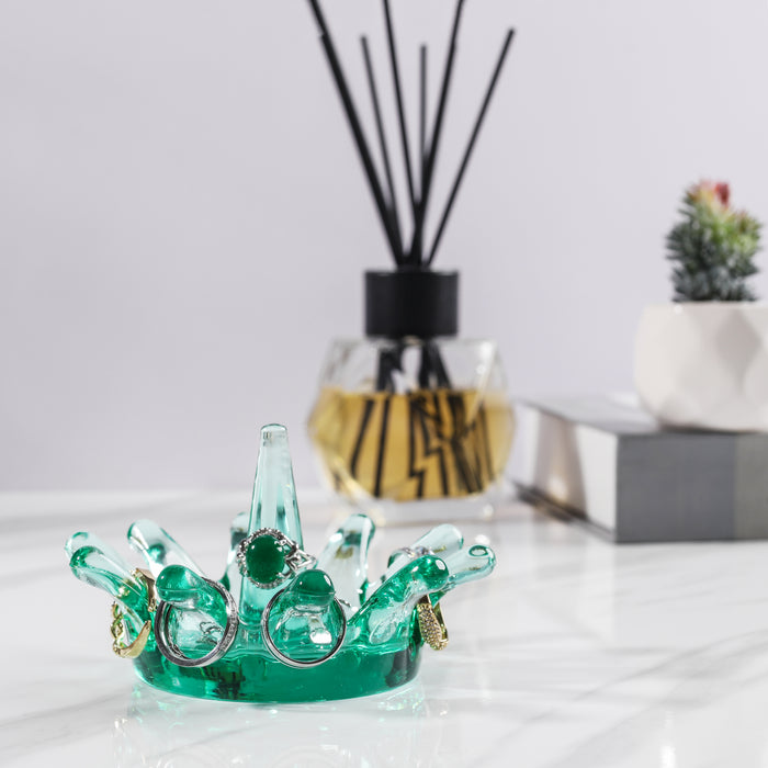 Gala Houseware Solid Colored Glass Jewelry Organizer, 2.6” x 4.3”, Green and Pink set of 2, Crown Design with Storage Hooks and Dish, Perfect for your Vanity, Bedroom, Bathroom, and Kitchen