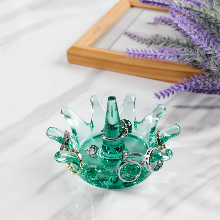 Gala Houseware Solid Colored Glass Jewelry Organizer, 2.6” x 4.3”, Green and Pink set of 2, Crown Design with Storage Hooks and Dish, Perfect for your Vanity, Bedroom, Bathroom, and Kitchen