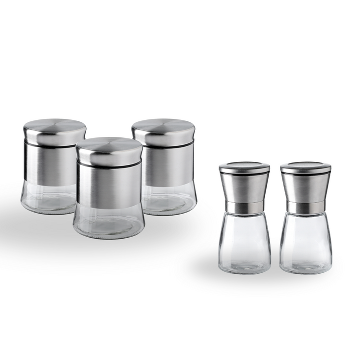 Gala Houseware Ultimate Kitchen Essentials Bundle - 3 Piece Glass Food Storage Canister Set + Salt and Pepper Grinders, Set of 2 with Adjustable Ceramic Coarseness