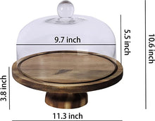 Load image into Gallery viewer, Gala Houseware Clear Glass Cake Stand and Cover with Solid Acacia Wood Base, 10.6 x 11.3 inches, Perfect for Birthdays, Weddings, and Anniversaries, Great for Desserts and Decoration
