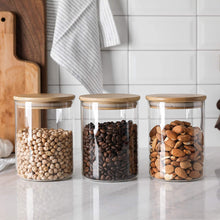 Load image into Gallery viewer, Gala Houseware Airtight Food Storage Containers with Bamboo Lids, Set of 3 Glass Jars Canister Set Perfect for Organization and Storage Coffee, Sugar, Tea. (D:3.94&quot; x H: 5.5&quot;)
