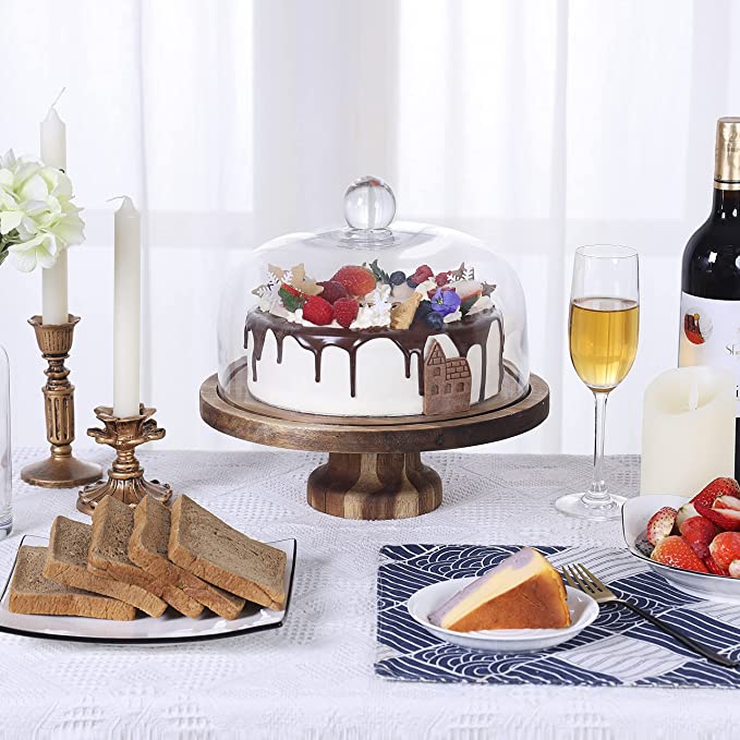 Gala Houseware Clear Glass Cake Stand and Cover with Solid Acacia Wood Base, 10.6 x 11.3 inches, Perfect for Birthdays, Weddings, and Anniversaries, Great for Desserts and Decoration