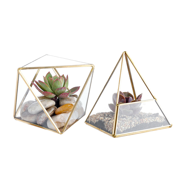 Glass Geometric Terrarium Container 4.5 X 5.2 inches and 4.3 X 3.7 inches Glass Terrarium for Succulent & Air Plant (Gold, 2pcs)