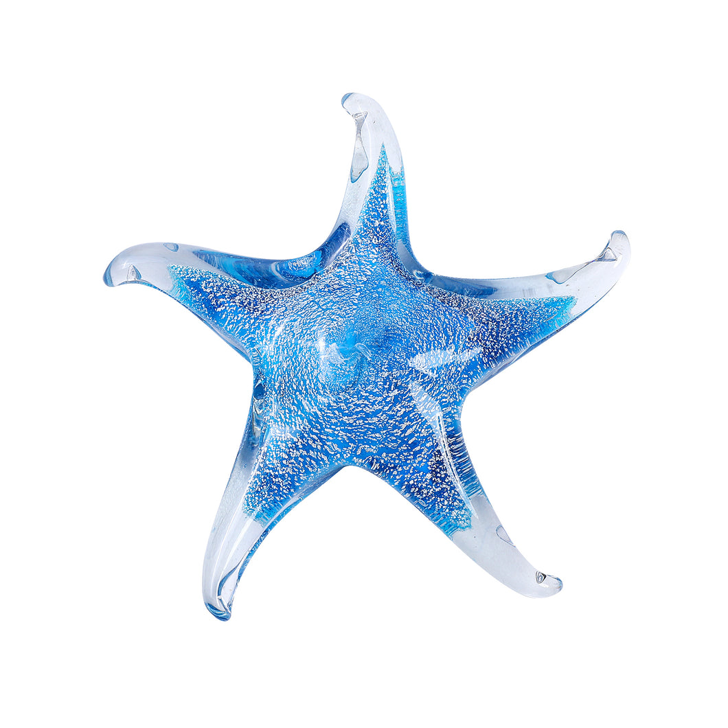 Glass Starfish Hand Blown Figurine, Aqua Blue 5 Inch Diameter