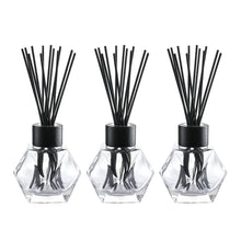 Load image into Gallery viewer, 4” Tall Glass Bottle Diffusers For Essential Oils, Set of 3 with 24 pcs Black Reed Diffuser Sticks and Black Wooden Caps (7 oz)
