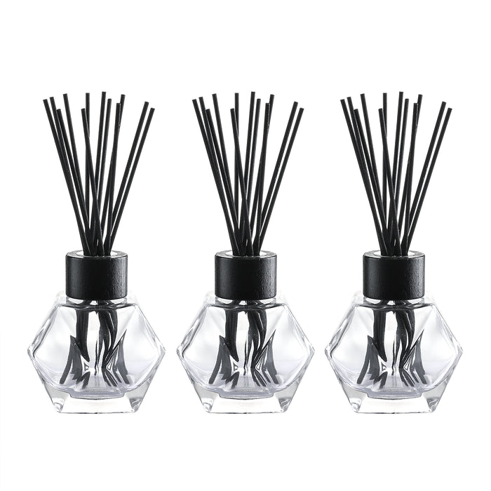 4” Tall Glass Bottle Diffusers For Essential Oils, Set of 3 with 24 pcs Black Reed Diffuser Sticks and Black Wooden Caps (7 oz)