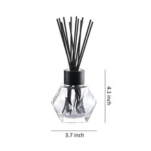 Load image into Gallery viewer, 4” Tall Glass Bottle Diffusers For Essential Oils, Set of 3 with 24 pcs Black Reed Diffuser Sticks and Black Wooden Caps (7 oz)
