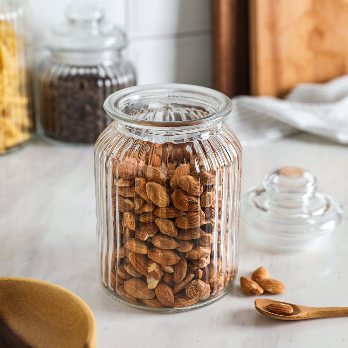 Old-Fashioned Airtight Clear Glass Storage Canisters, Set of 3 (D: 4.4" x H.: 5.7" / 7.3" / 9.3")