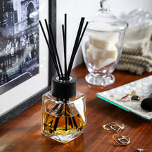 Load image into Gallery viewer, 4” Tall Glass Bottle Diffusers For Essential Oils, Set of 3 with 24 pcs Black Reed Diffuser Sticks and Black Wooden Caps (7 oz)
