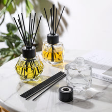 Load image into Gallery viewer, 4” Tall Glass Bottle Diffusers For Essential Oils, Set of 3 with 24 pcs Black Reed Diffuser Sticks and Black Wooden Caps (7 oz)
