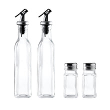 Load image into Gallery viewer, Set of 4 Glass Kitchen Cruets Combo Set, Olive Oil and Vinegar Dispenser Bottles, Clear Glass Salt and Pepper Shakers Set
