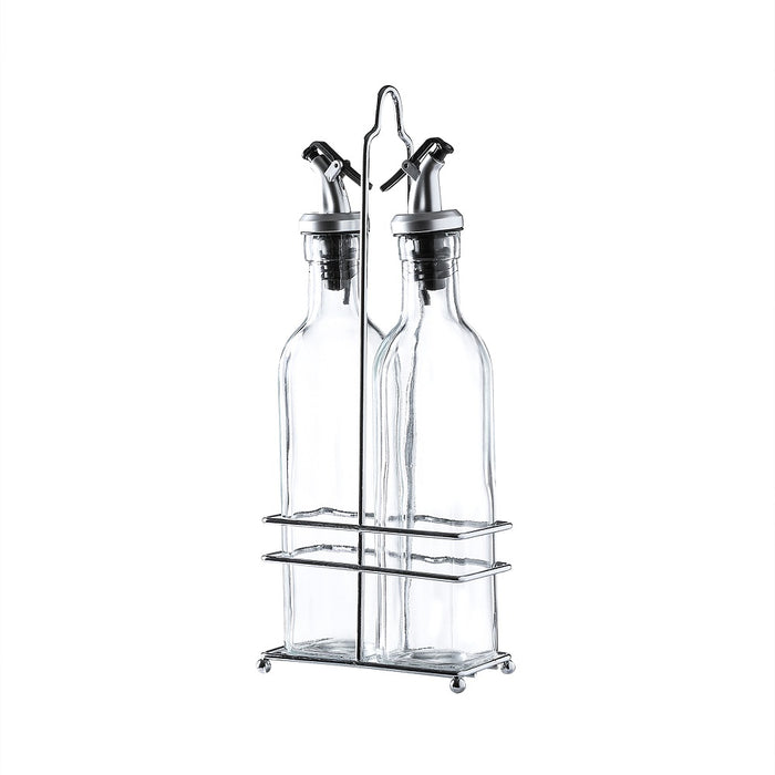 Olive Oil Dispenser and Vinegar Dispenser Set of 2 with Chrome Plated Rack Stand and Drip-Free Pourers