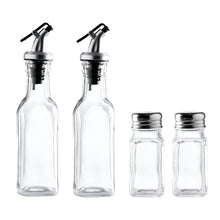 Load image into Gallery viewer, Set of 4 Glass Kitchen Cruets Combo Set, Olive Oil and Vinegar Dispenser Bottles, Clear Glass Salt and Pepper Shakers Set.
