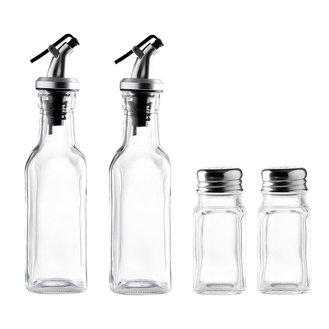 Set of 4 Glass Kitchen Cruets Combo Set, Olive Oil and Vinegar Dispenser Bottles, Clear Glass Salt and Pepper Shakers Set.