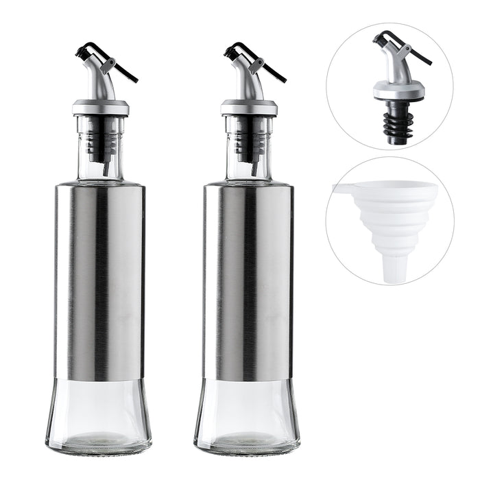 Oil and Vinegar Dispenser with Drip-Free Pourers and Silver Stainless Steel Shells Set of 2