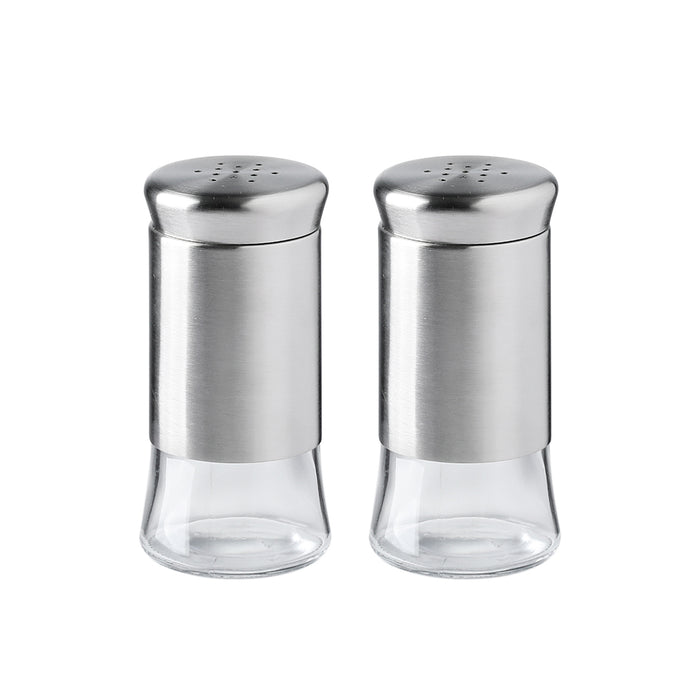 Salt and Pepper Shakers Set, Premium Glass Bottles with Silver Stainless Steel Shells, Set of 2