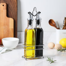 Load image into Gallery viewer, Olive Oil Dispenser and Vinegar Dispenser Set of 2 with Chrome Plated Rack Stand and Drip-Free Pourers
