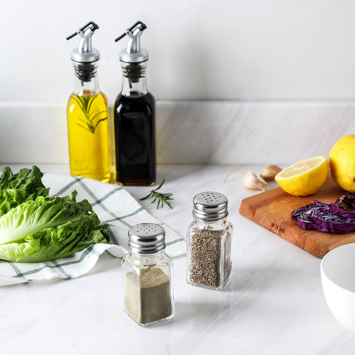 Set of 4 Glass Kitchen Cruets Combo Set, Olive Oil and Vinegar Dispenser Bottles, Clear Glass Salt and Pepper Shakers Set.