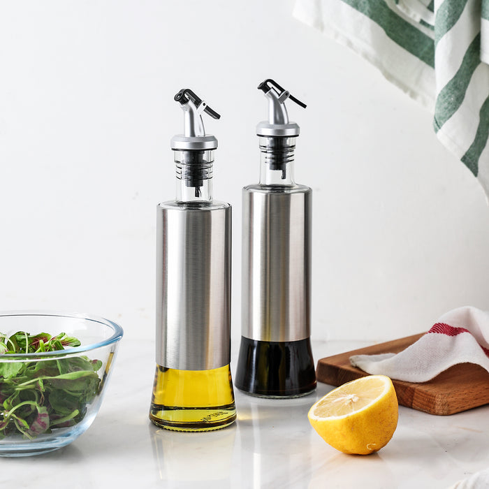 Oil and Vinegar Dispenser with Drip-Free Pourers and Silver Stainless Steel Shells Set of 2