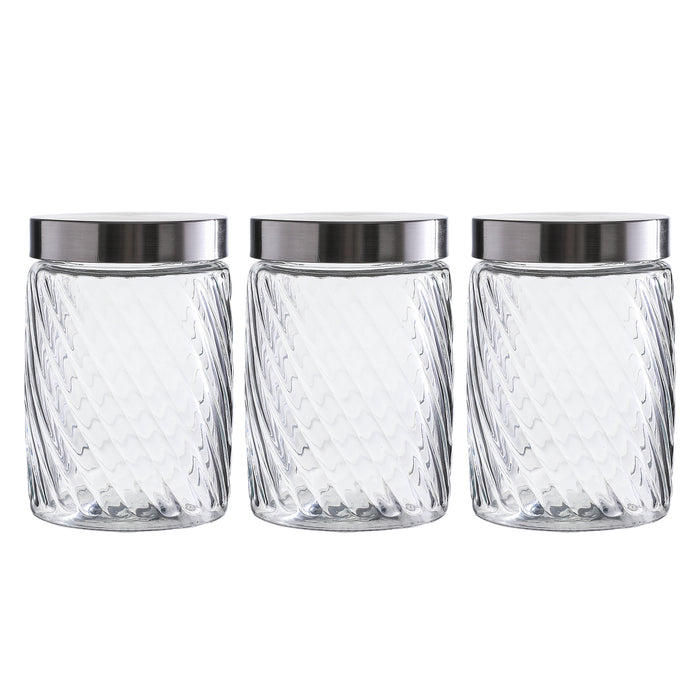 Clear Spiral Design Glass Storage Containers with Lids, Set of 3 ( Each: 4.5" D x 6.7" H )