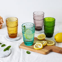 Load image into Gallery viewer, Colored Water Glasses,Embossed Design Glass Tumblers Set,12 OZ of 4 Colors Set
