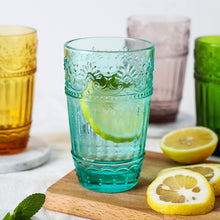 Load image into Gallery viewer, Colored Water Glasses,Embossed Design Glass Tumblers Set,12 OZ of 4 Colors Set
