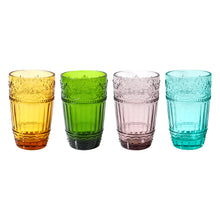 Load image into Gallery viewer, Colored Water Glasses,Embossed Design Glass Tumblers Set,12 OZ of 4 Colors Set
