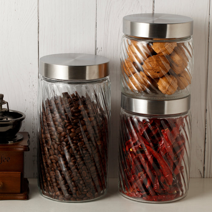 Clear Spiral Design Glass Storage Containers with Lids, Set of 3 ( D: 4.5" x H: 4.7" / 6.7" / 8.7" )