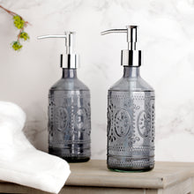 Load image into Gallery viewer, 12 oz Dark Grey Embossed Glass Lotion and Soap Dispenser Pump Set of 2
