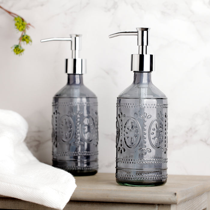 12 oz Dark Grey Embossed Glass Lotion and Soap Dispenser Pump Set of 2