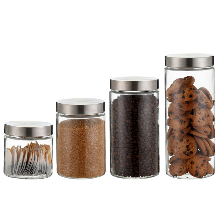 Clear Cylindrical Glass Storage Containers with Lids, Set of 4 (D: 4.5" x H: 4.7" / 6.7" / 8.7" / 10.7")