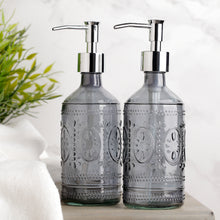 Load image into Gallery viewer, 12 oz Dark Grey Embossed Glass Lotion and Soap Dispenser Pump Set of 2
