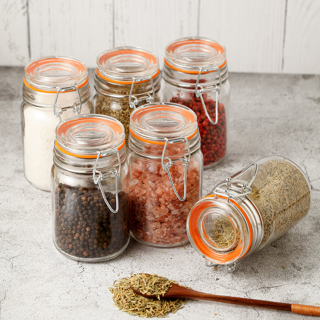 Glass Spice Jars Bottles with Airtight Lids and Leak Proof Rubber Gasket Set of 6 ( Round，7.5 oz)