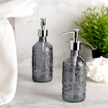 Load image into Gallery viewer, 12 oz Dark Grey Embossed Glass Lotion and Soap Dispenser Pump Set of 2
