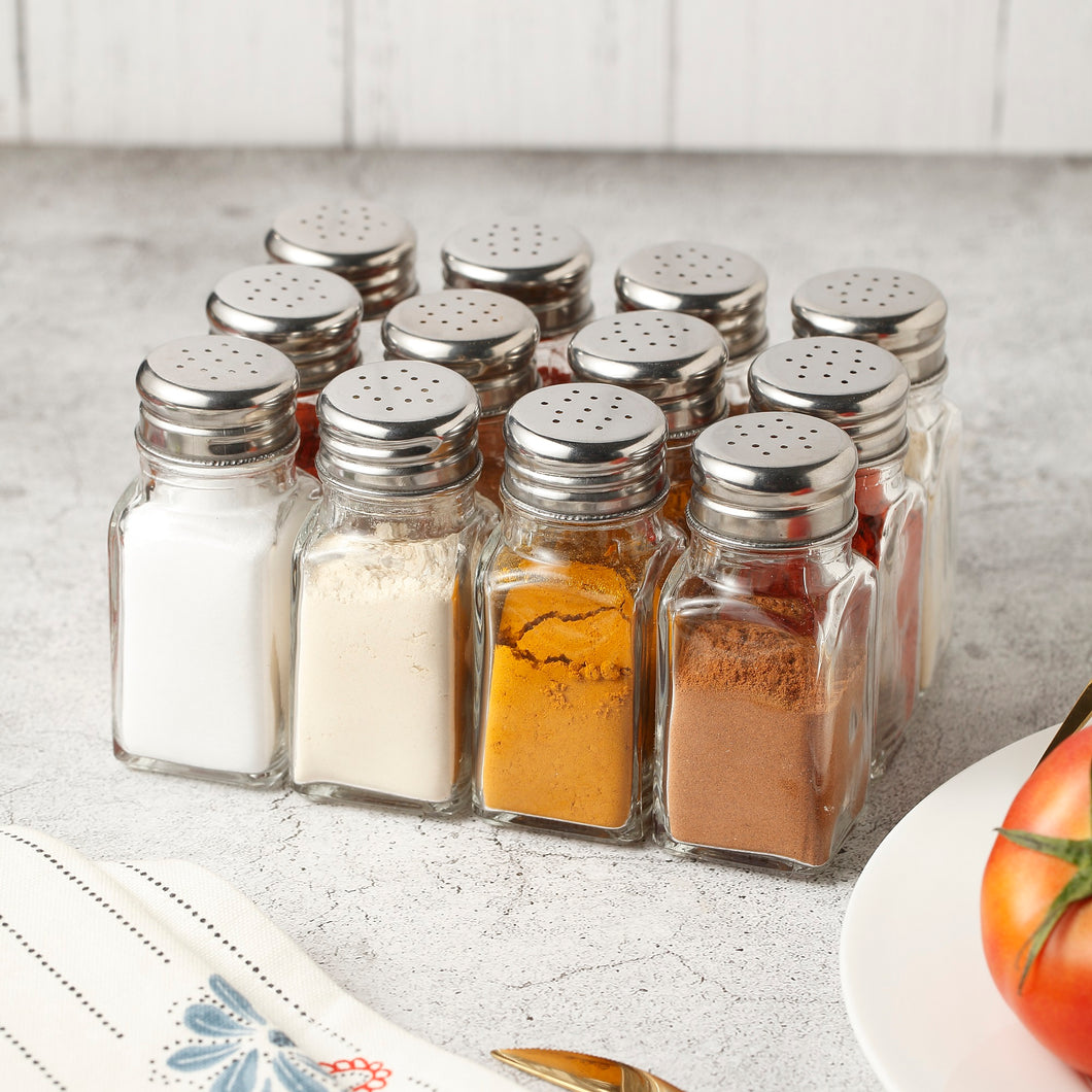 Salt and Pepper Shakers Set, Mini Square Glass Bottles, Set of 12 (Each 2.3 oz)