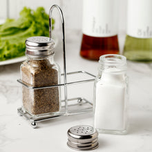 Load image into Gallery viewer, Mini Square Glass-Bottle Salt and Pepper Shakers Set with Stainless Steel Stand , Set of 2 (Each: 2.3 oz)
