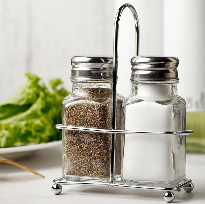 Mini Square Glass-Bottle Salt and Pepper Shakers Set with Stainless Steel Stand , Set of 2 (Each: 2.3 oz)