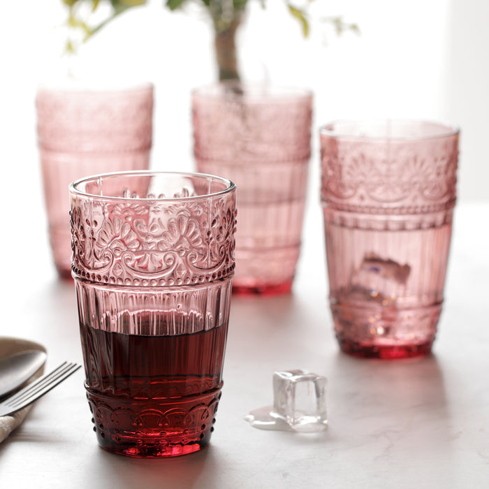 Colored Water Glasses, Embossed Design Glass Tumblers Set,12 OZ Set of 4 (Purple)