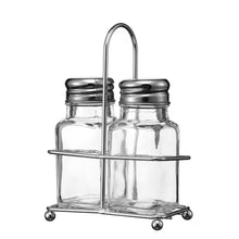 Load image into Gallery viewer, Mini Square Glass-Bottle Salt and Pepper Shakers Set with Stainless Steel Stand , Set of 2 (Each: 2.3 oz)
