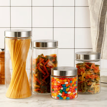 Load image into Gallery viewer, Clear Cylindrical Glass Storage Containers with Lids, Set of 4 (D: 4.5&quot; x H: 4.7&quot; / 6.7&quot; / 8.7&quot; / 10.7&quot;)
