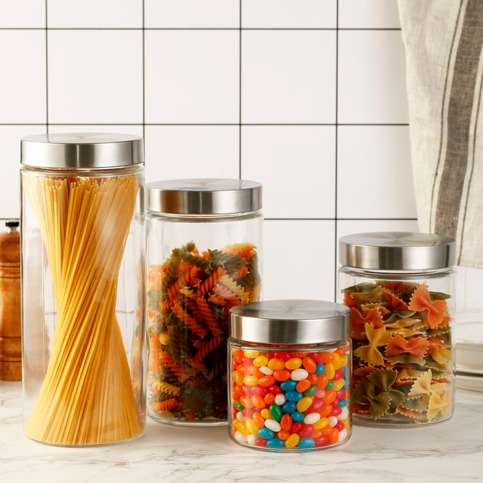 Clear Cylindrical Glass Storage Containers with Lids, Set of 4 (D: 4.5" x H: 4.7" / 6.7" / 8.7" / 10.7")