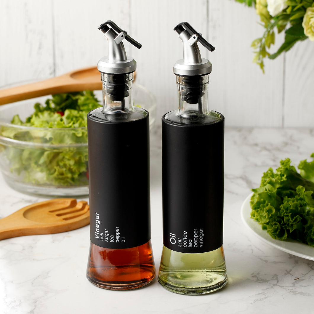 2 Piece Oil and Vinegar Dispenser Set with Drip-Free Pourers and Black Shells